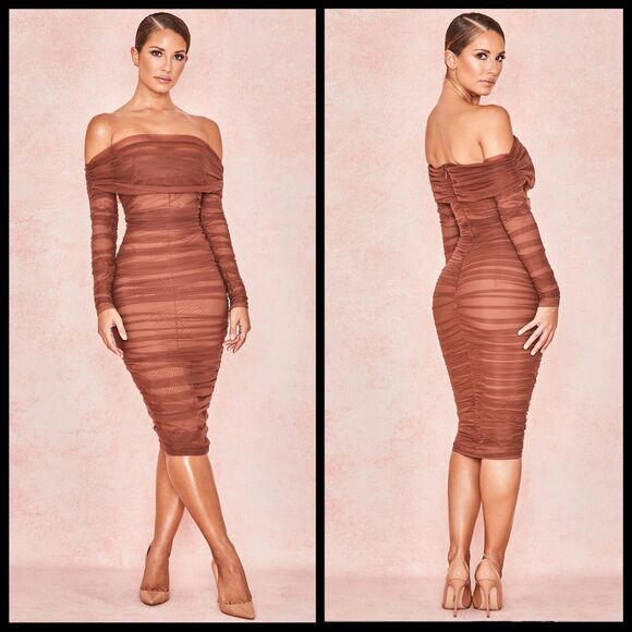 House of CB Size M Anais Tulle Off Shoulder Midi Cocktail Dress Ruched Bodycon - Picture 1 of 9